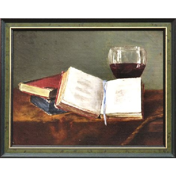 Stillleben mit Büchern und Rotwein